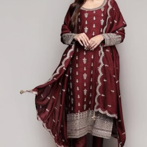 Libas Womens Embroidered Silk Blend Kurta With Trousers and Dupatta