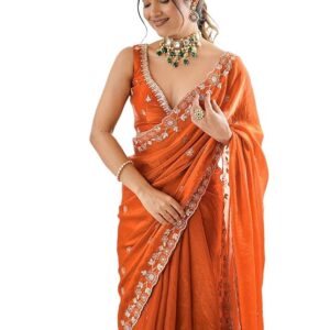 Women's Tissue Silk Scalloped Border Sequins Embroidery Saree with Unstitched Blouse Piece
