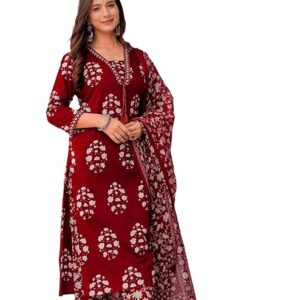 Women's Pure Cotton Printed Straight Kurta Set with Palazzo Pants & Dupatta- Ethnic Wear